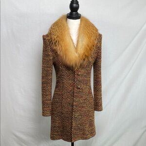 ST. JOHN Tweed long Coat FOX Fur Collar winter jacket 2 piece set